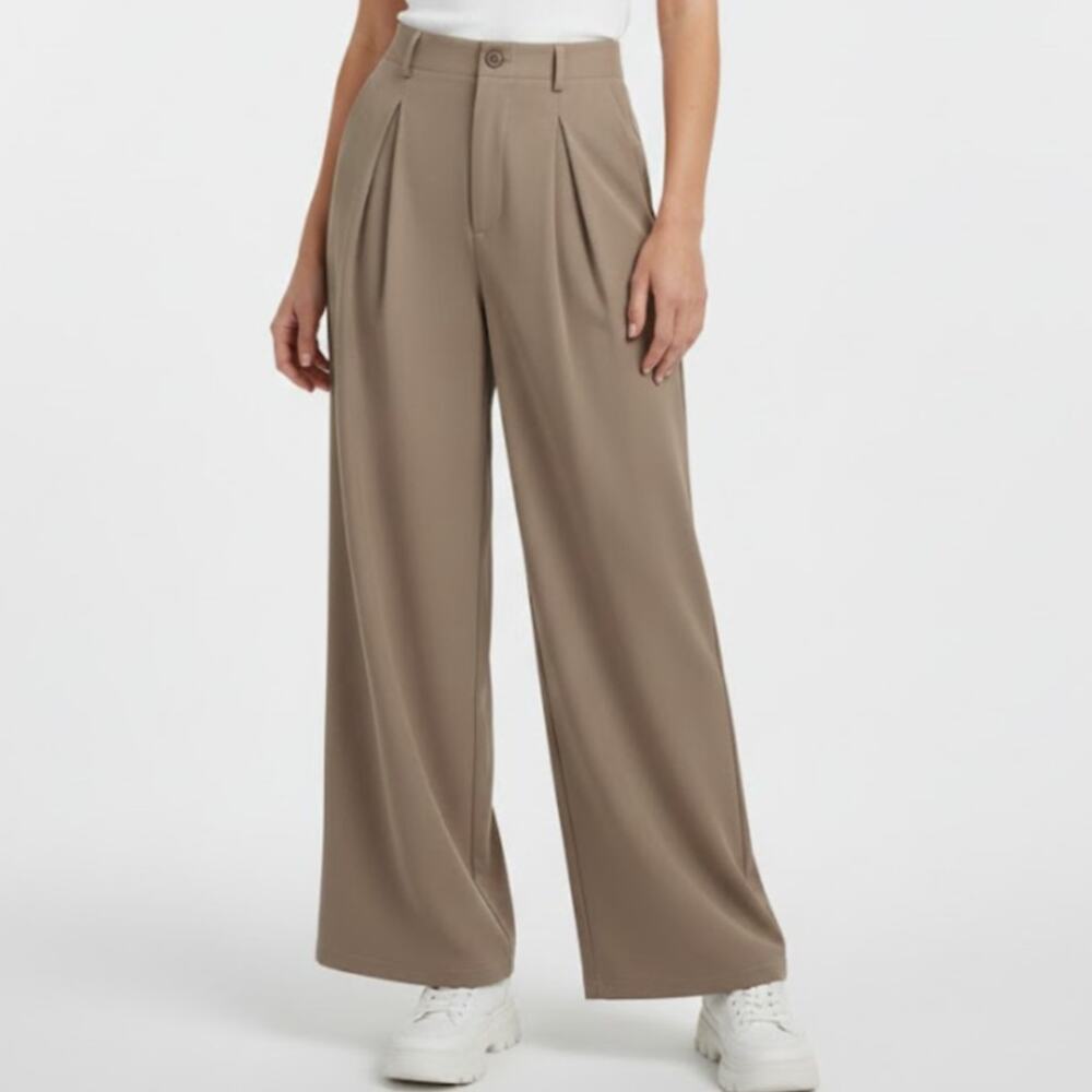 Shein High Rise Wide Leg Tan Khaki Pleated Trousers Dress Pants Small High Rise